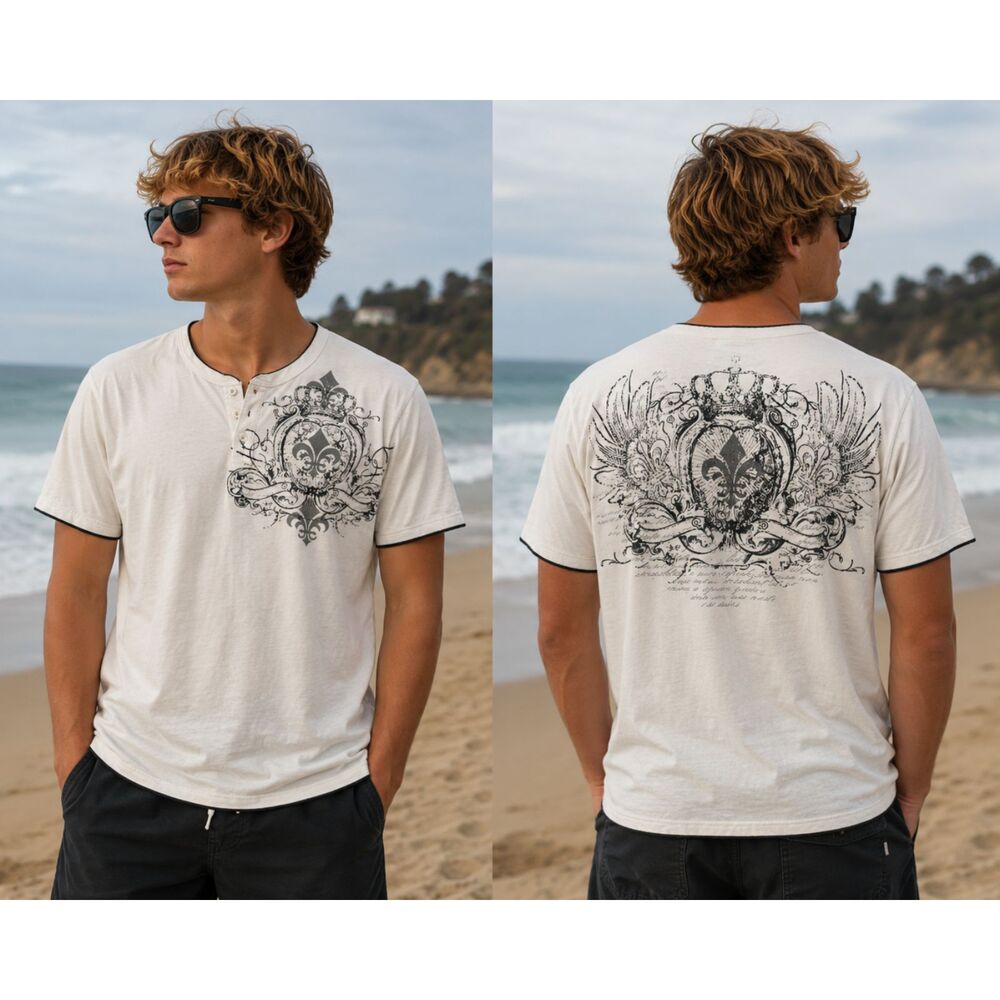 Vintage Y2K Machine Short Sleeve Henley T-Shirt White Grunge Skate - Men’s XL